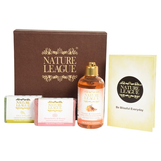 Nature League Gift Box | Finest Natural Products | Orange & Cinnamon - Natural Bodywash – 200 ml + Olive & Basil & Strawberry & Honey - Natural Handmade Soap – 100 gms each