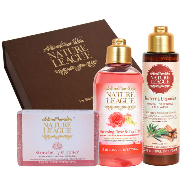 Nature League Gift Box | Finest Natural products | Blooming Rose & Tea Tree - Natural Bodywash – 200ml + Tea Tree & Liquorice Facewash - 100ml + Strawberry & Honey - Natural Handmade Soap – 100 gms