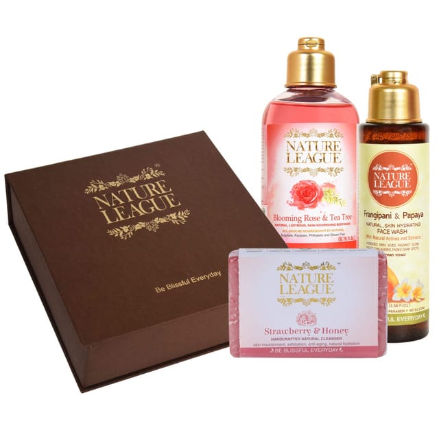 Nature League Gift Box | Finest Natural products | Blooming Rose & Tea Tree - Natural Bodywash – 200ml + Frangipani & Papaya Skin Hydrating Facewash - 100ml + Strawberry & Honey - Natural Handmade Soap – 100 gms