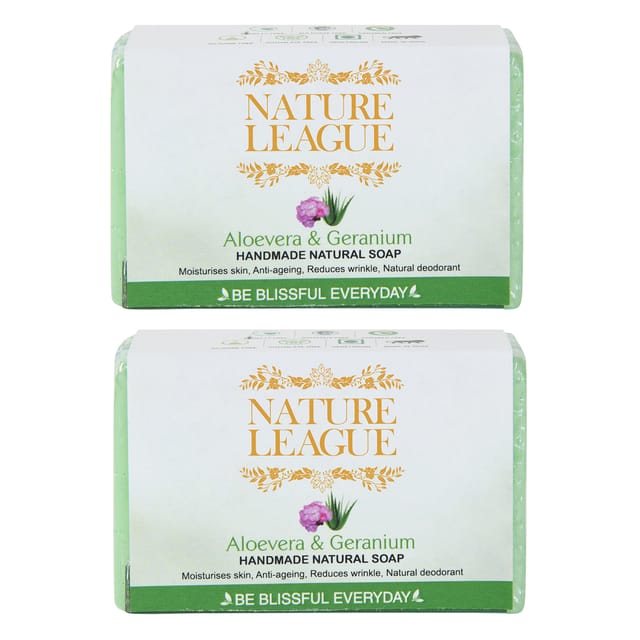 Aloevera & Geranium , Natural Handmade Soap | With Aloevera Extract & Geranium Essential Oil | Goat Milk | Shea Butter | Vitamin-E | Sulphate, Paraben, Phthalate & Silicone Free |100 gms ( Pack of 2)