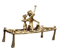 Brass Dhokra Showpiece - Man enjoying Hukkah on a Charpai (13 inches)