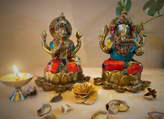 Brass Ganesh Lakshmi Idol (7 inch)