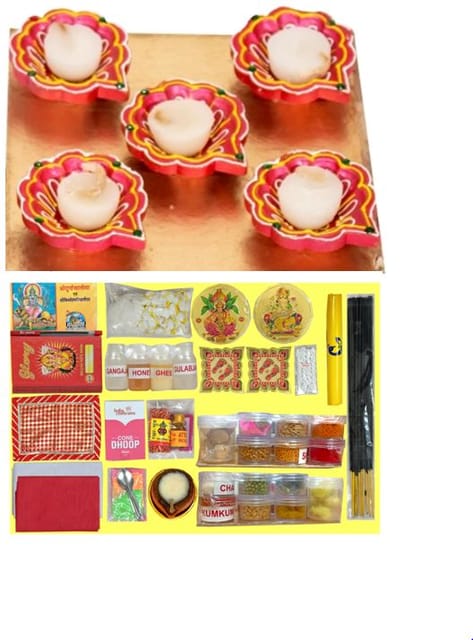Designer Diya with Ghee Bati 5pc Set + Pooja Samagri Box Combo Offer