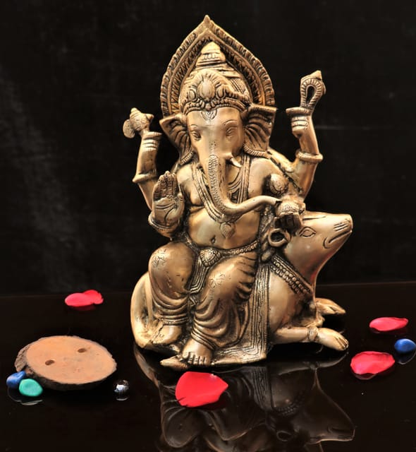 Brass Ganesha sitting on Mushak (11.5 inches)
