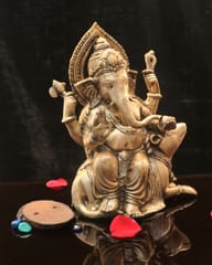 Brass Ganesha sitting on Mushak (11.5 inches)