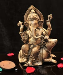 Brass Ganesha sitting on Mushak (11.5 inches)