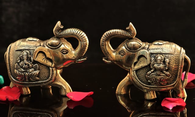 Brass Lakshmi Ganesha carved Elephant pair (5 inch)