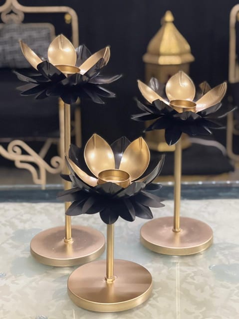 Designer Metal Lotus Candle Stand (Set of 3)