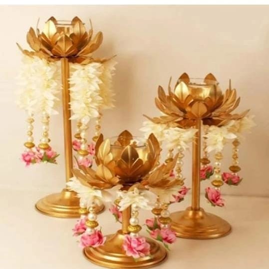 Designer Metal Lotus Candle Stand (Set of 3)