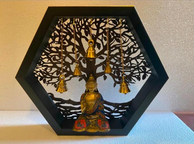 Framed Brass Budha Multicoloured Idol with Brass Bells (10 inch)