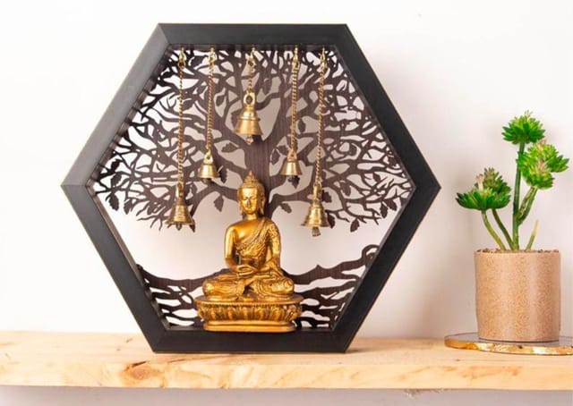Framed Pure Brass Budha Idol with Brass Bells (10 inch)
