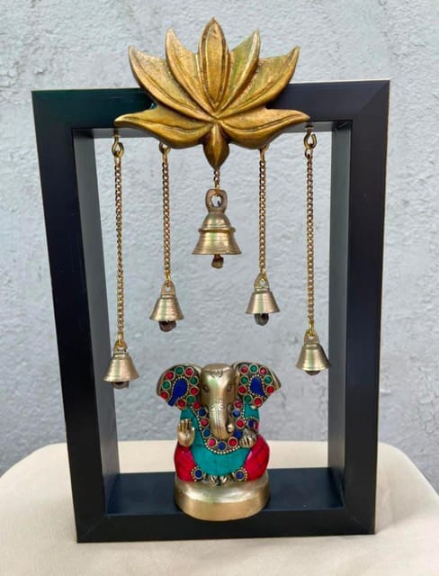 Framed Brass Ganesha Multicoloured Idol with Brass Bells and Lotus (10 inch)